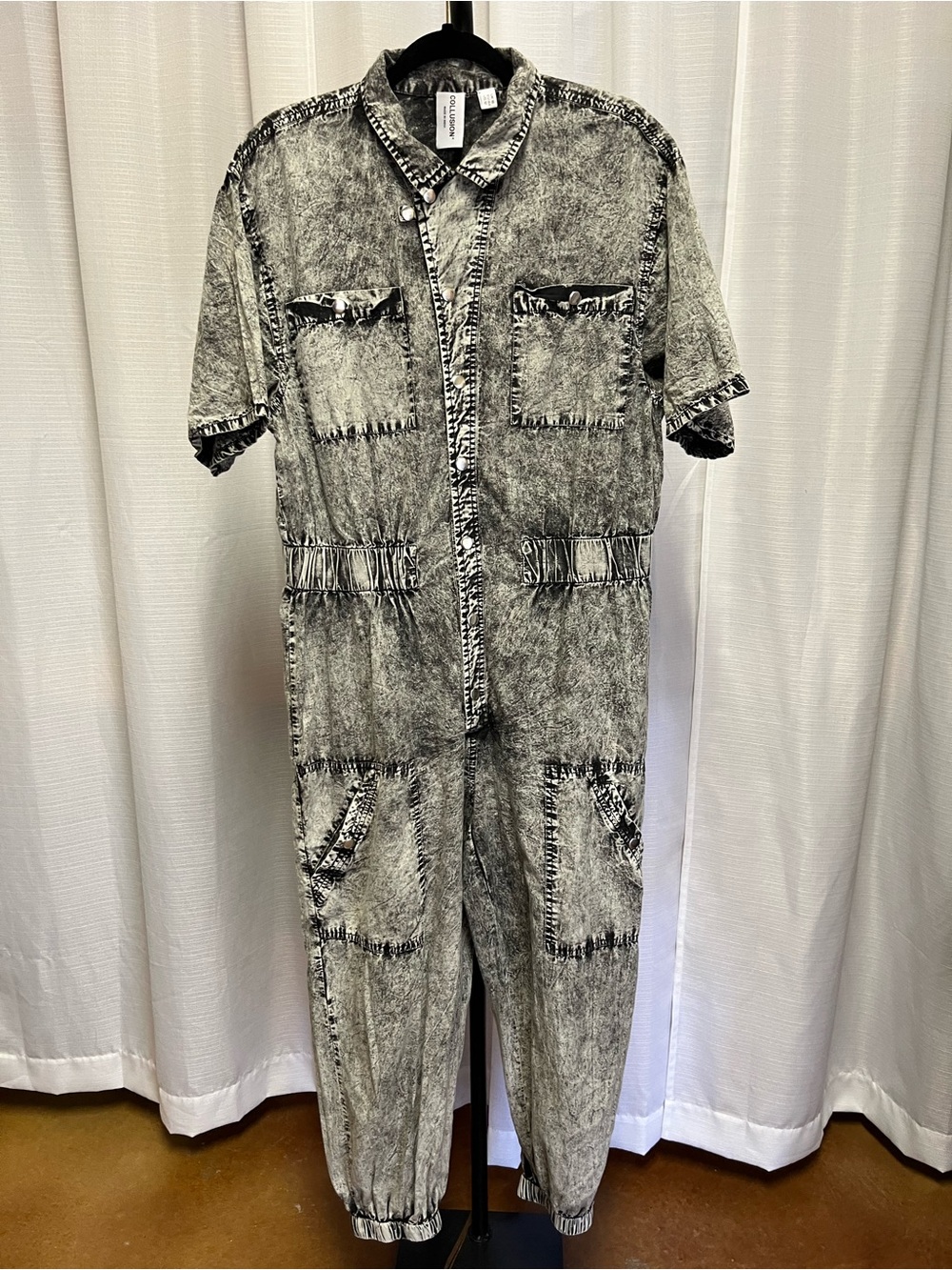 Collusion short-sleeve acid-wash denim utility jumpsuit (boilersuit) | size 12